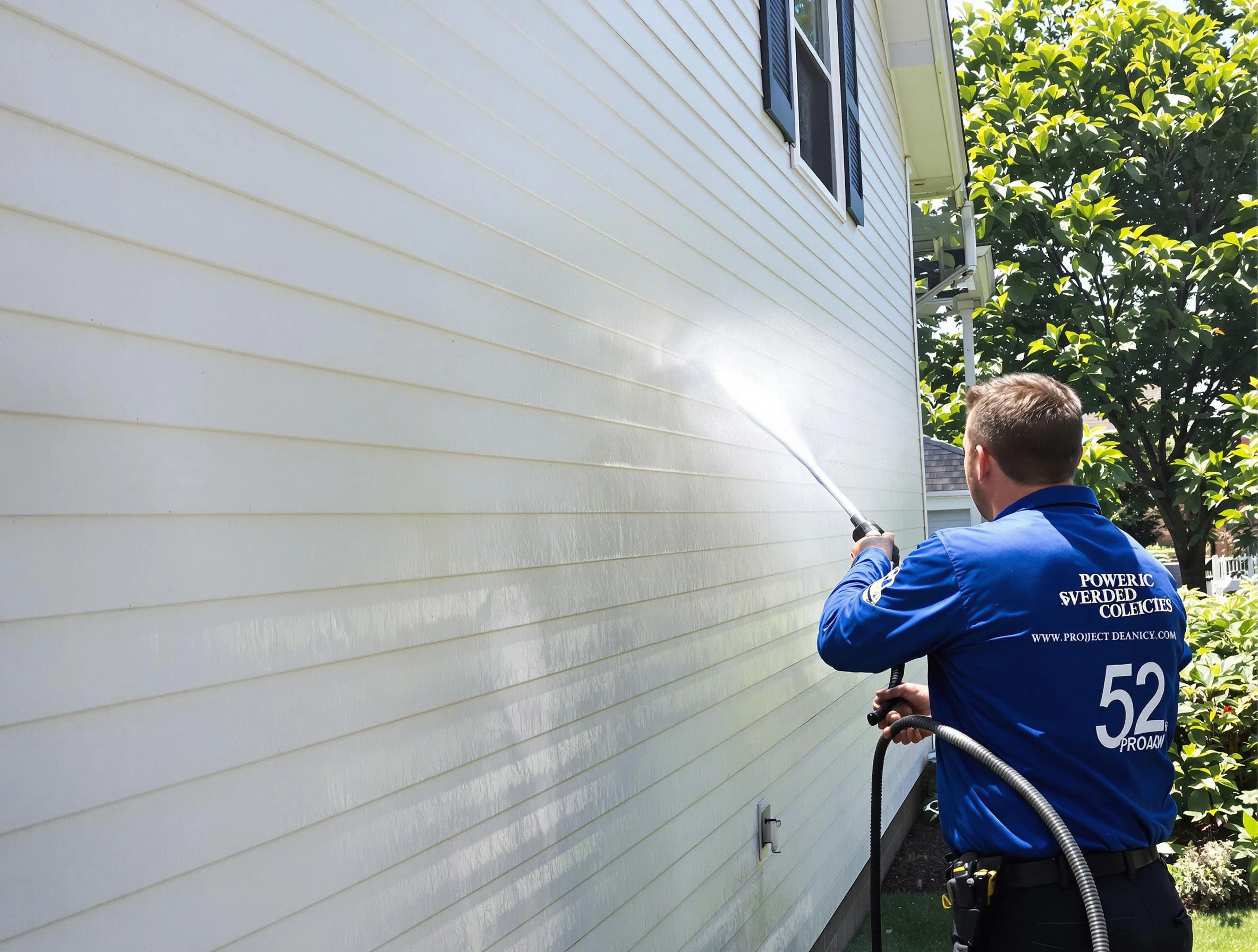 A New Franklin Power Washing technician power washing a home in New Franklin